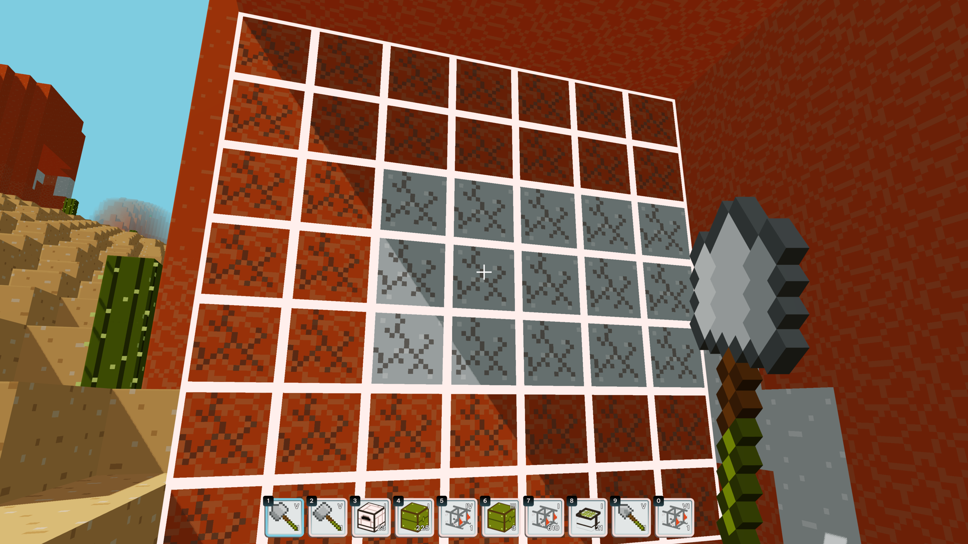 Screenshot of Moose Builders the player digging a 7x7 area of sand blocks and sand stone blocks with a tier V smashovel.